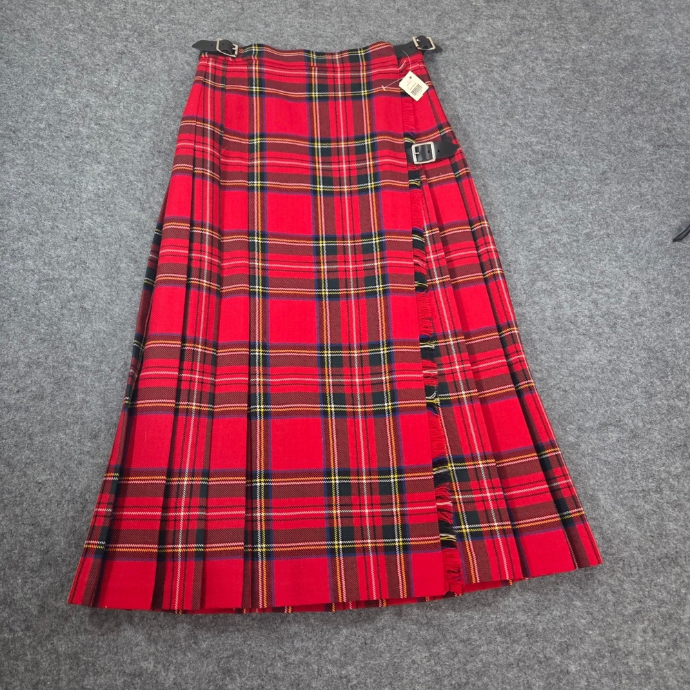 NWT Eliz Scott Royal Stewart Tartan Kilt Skirt US 6 Red Wool Pleated England